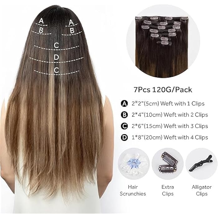 ECIF Clip in Hair Extensions, Real Human Hair Extensions, 100% Human Hair Remy Natural Hair Double Weft, 7 Pcs 120g Volume Invisible DIY Full Head Hair Extenion (Mix Brown T2/6/18 20 inch) - Image 2